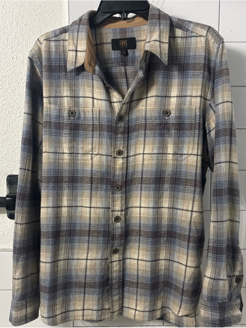 Frye Blue, Cream & Brown Plaid Button-Up Shirt